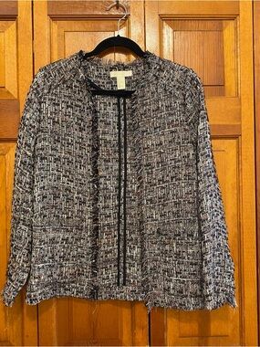 H&M Multicolor Tweed Fringe Jacket in Black & White